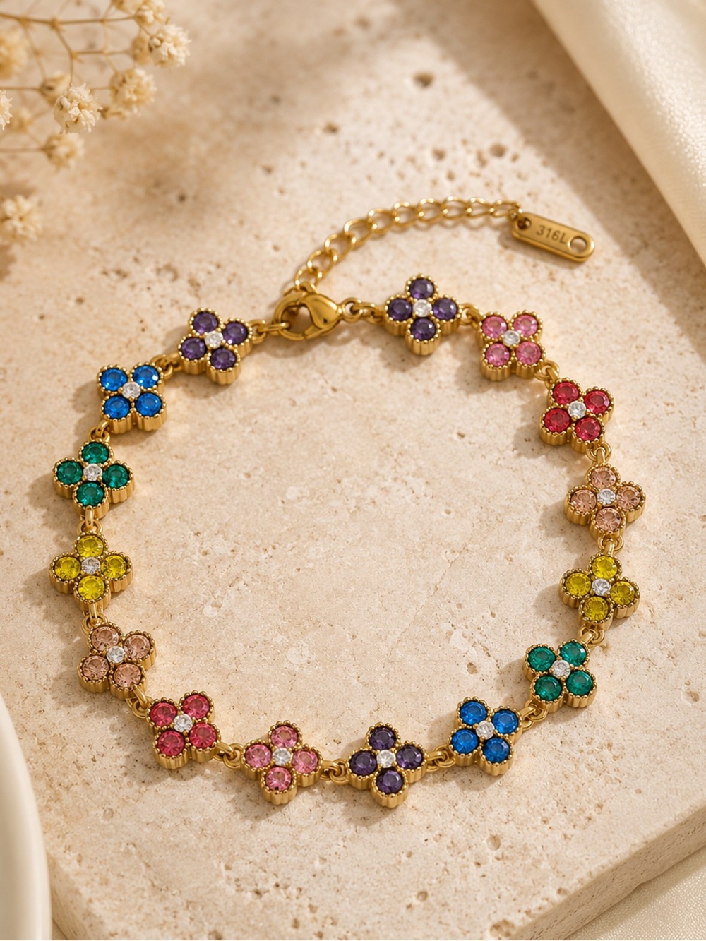 18K Gold Plated Stainless Steel Multicolor Crystal Flower Bracelet